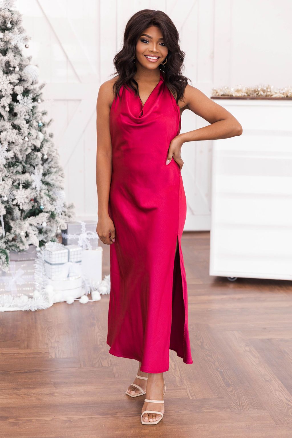 Save Your Memories Fuchsia Satin Cowl Neck Midi Dress