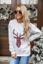 Lade das Bild in den Galerie-Viewer, Buffalo Plaid Reindeer Ash Graphic Sweatshirt
