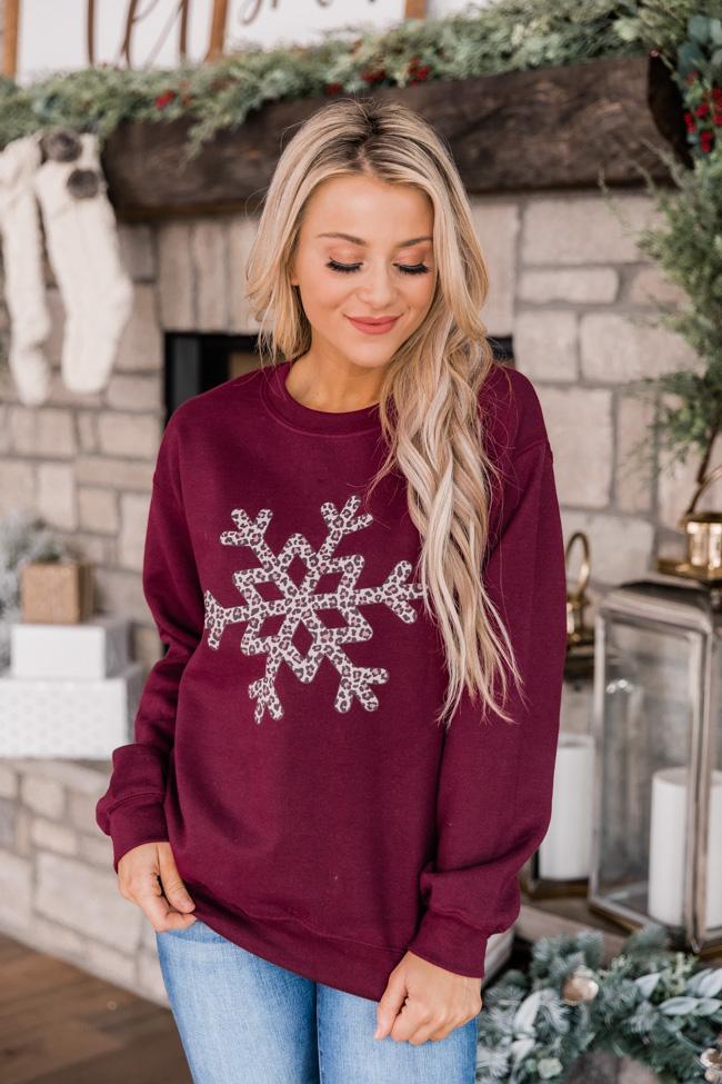 Animal Print Snowflake Graphic Maroon Sweatshirt