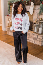 Load image into Gallery viewer, Plaid Merry Merry Merry Ash Graphic Sweatshirt
