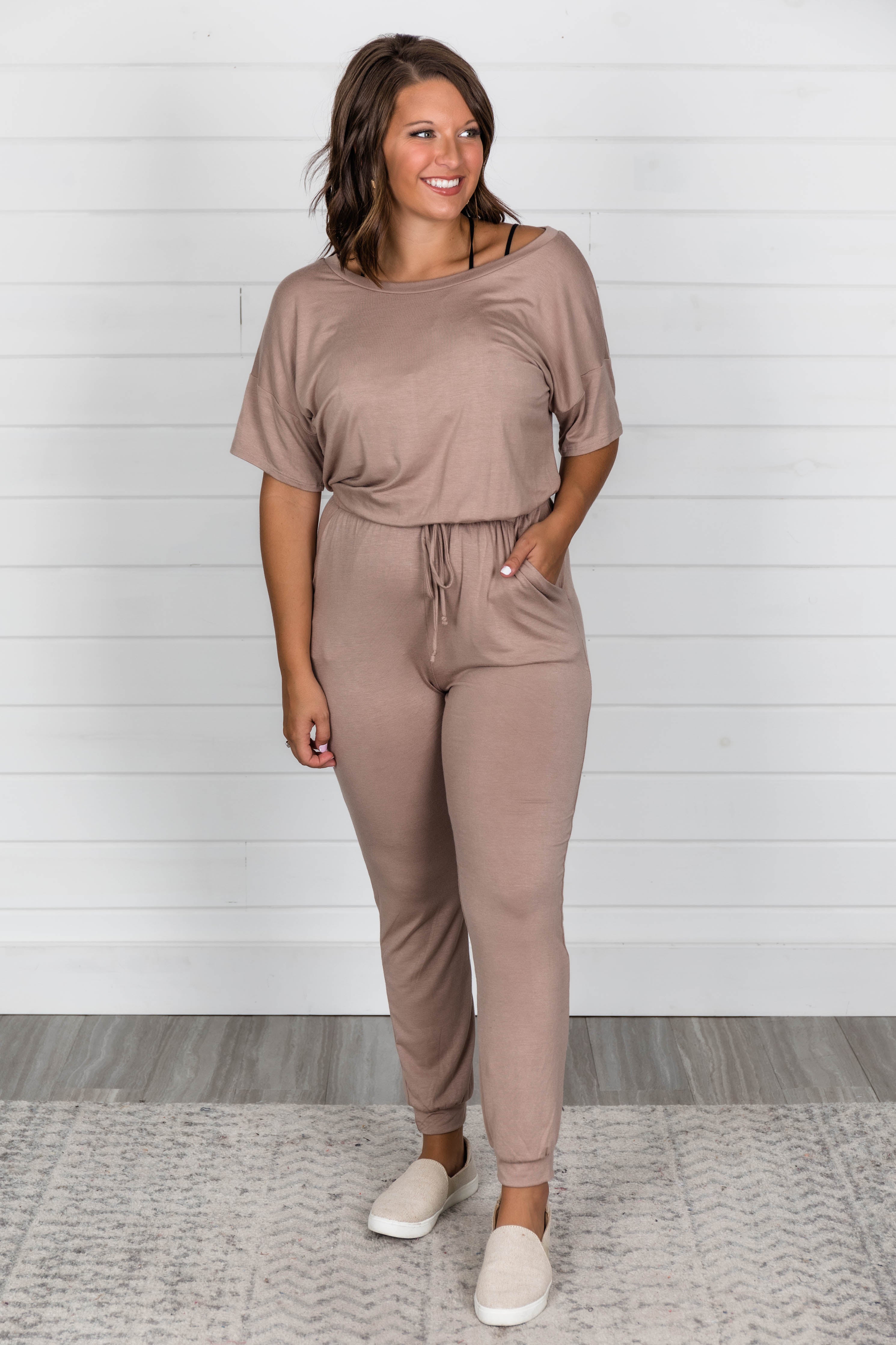 Just Leave It To Me Taupe Jumpsuit