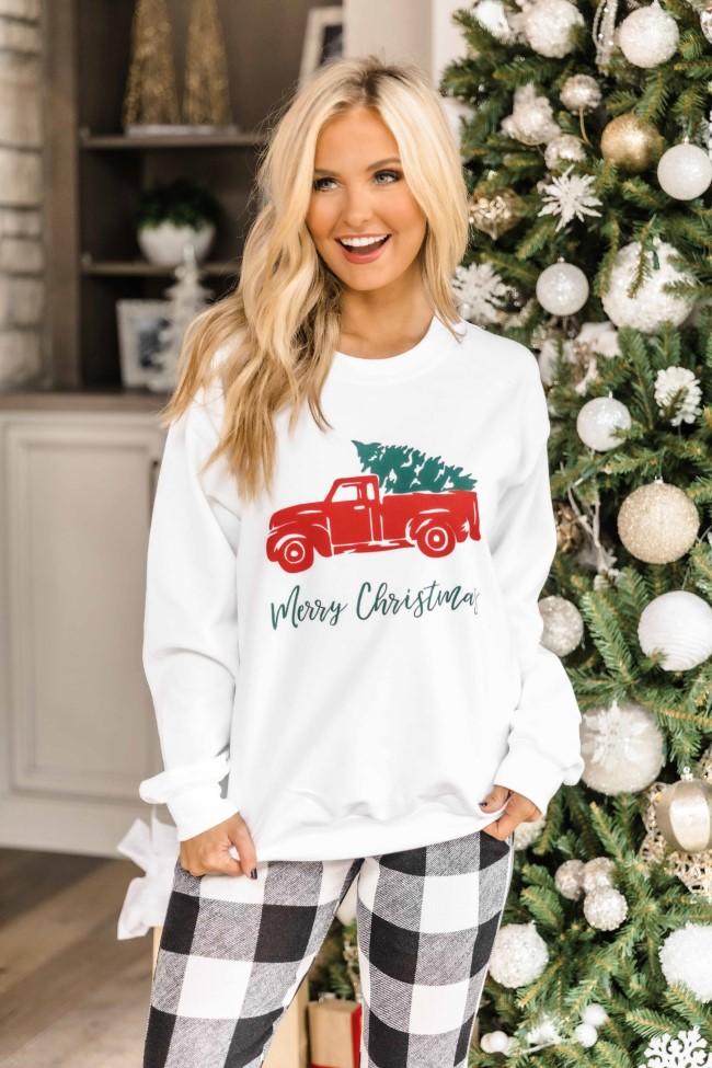 Trucking Along This Christmas White Graphic Sweatshirt