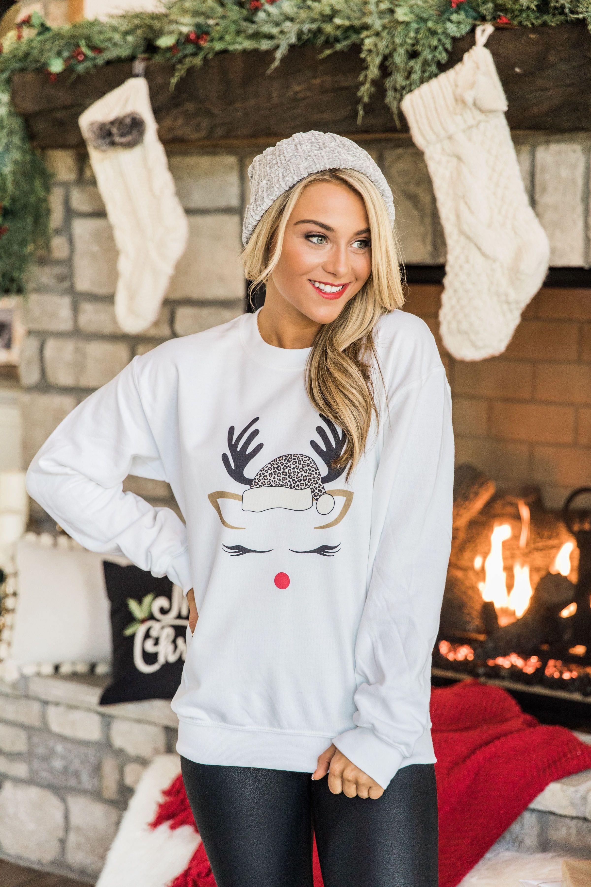 Leopard Print Reindeer Lady White Graphic Sweatshirt